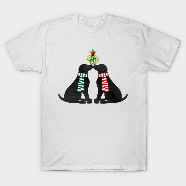 Christmas Black Labrador Dogs Kissing Mistletoe T-Shirt by emrdesigns